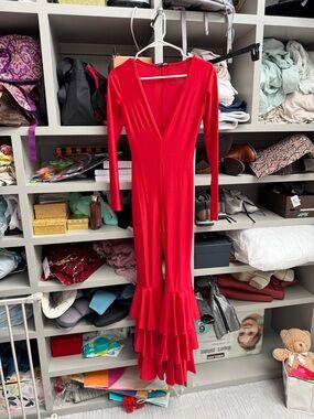 Fashion Nova Red Long Sleeve Ruffle-Hem Jumpsuit